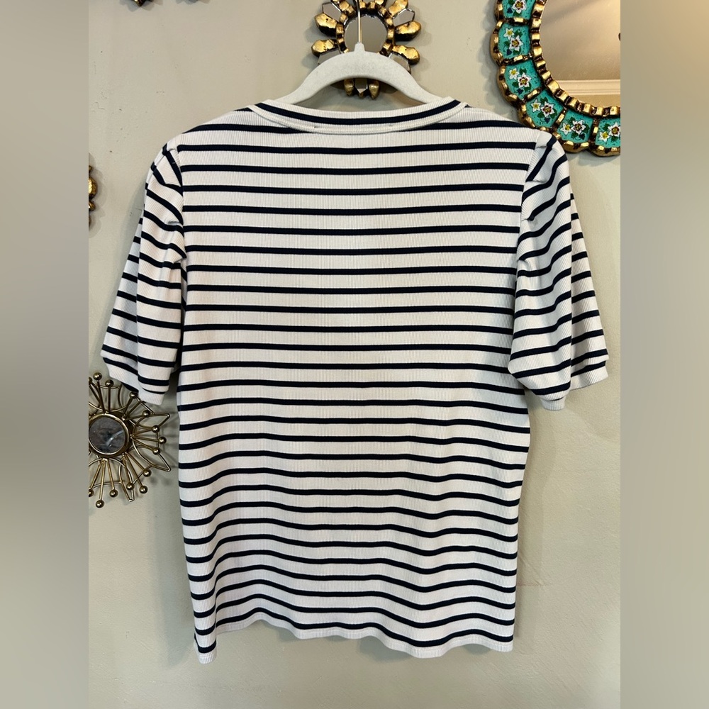 Veronica Beard Cream and Navy Striped Puff-Sleeve Knit Top - Picture 6 of 6